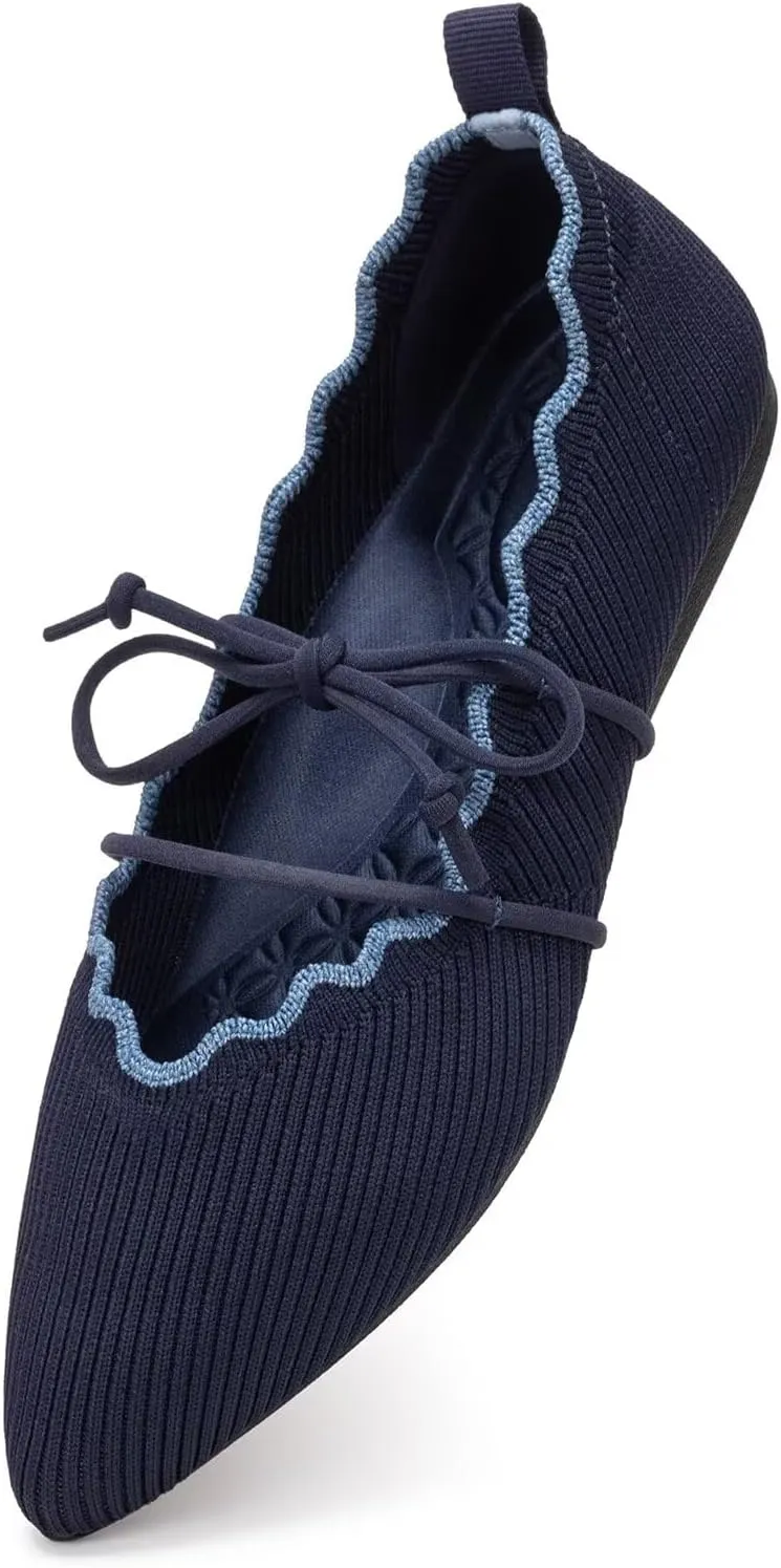 BEJINASH Women's Knitted Flats Pointed Toe Slip On Womens Shoes with Ruffled Vamp Elastic Rope Design for Casual Daily Ballets Shoes