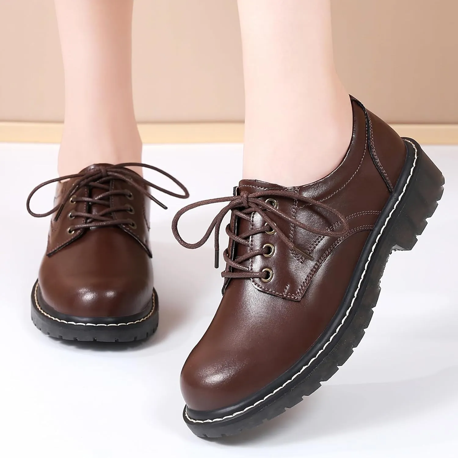 Black Oxford Shoes for Women Women's Oxfords Leather Flats Lace-Up Loafers Business Casual Work Office Uniform Dressy Server Shoes for Ladies Womens