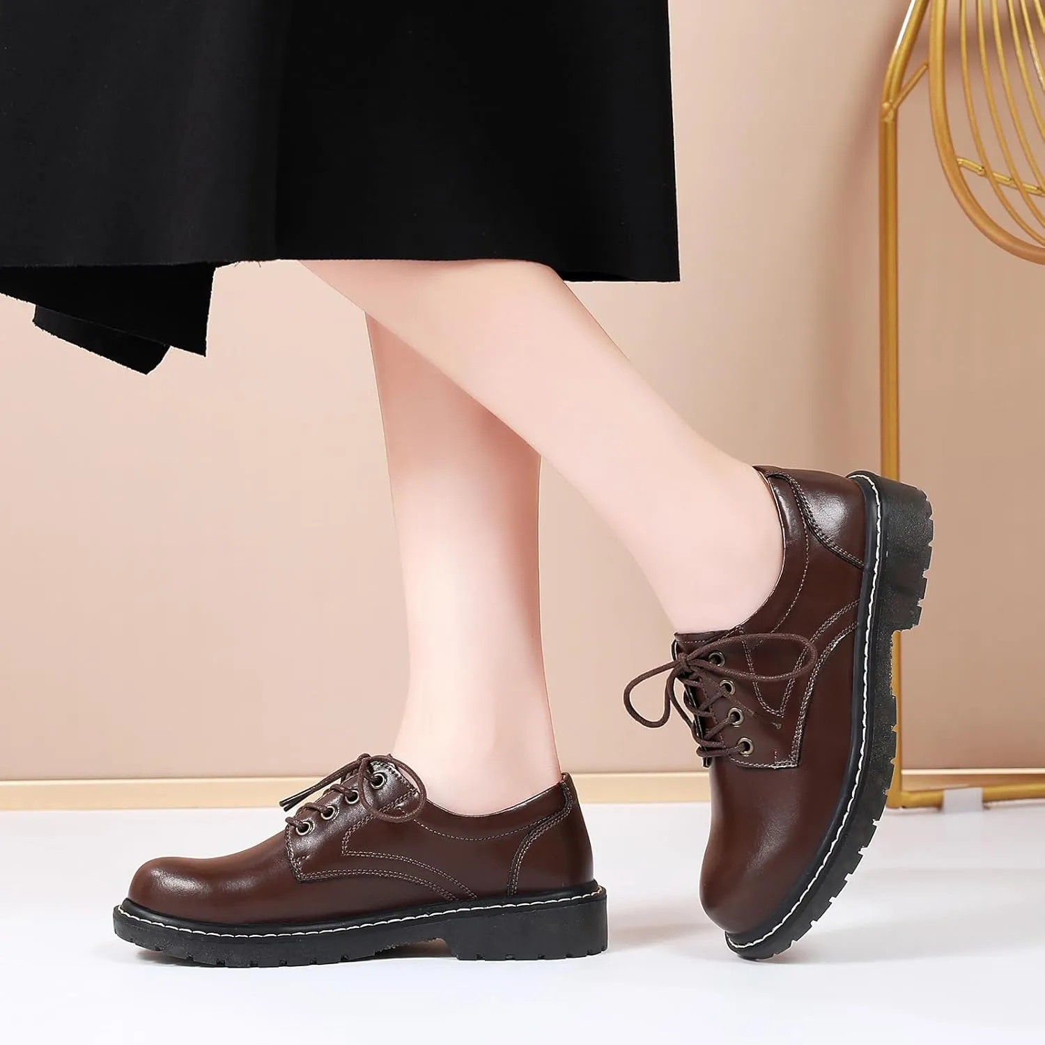 Black Oxford Shoes for Women Women's Oxfords Leather Flats Lace-Up Loafers Business Casual Work Office Uniform Dressy Server Shoes for Ladies Womens