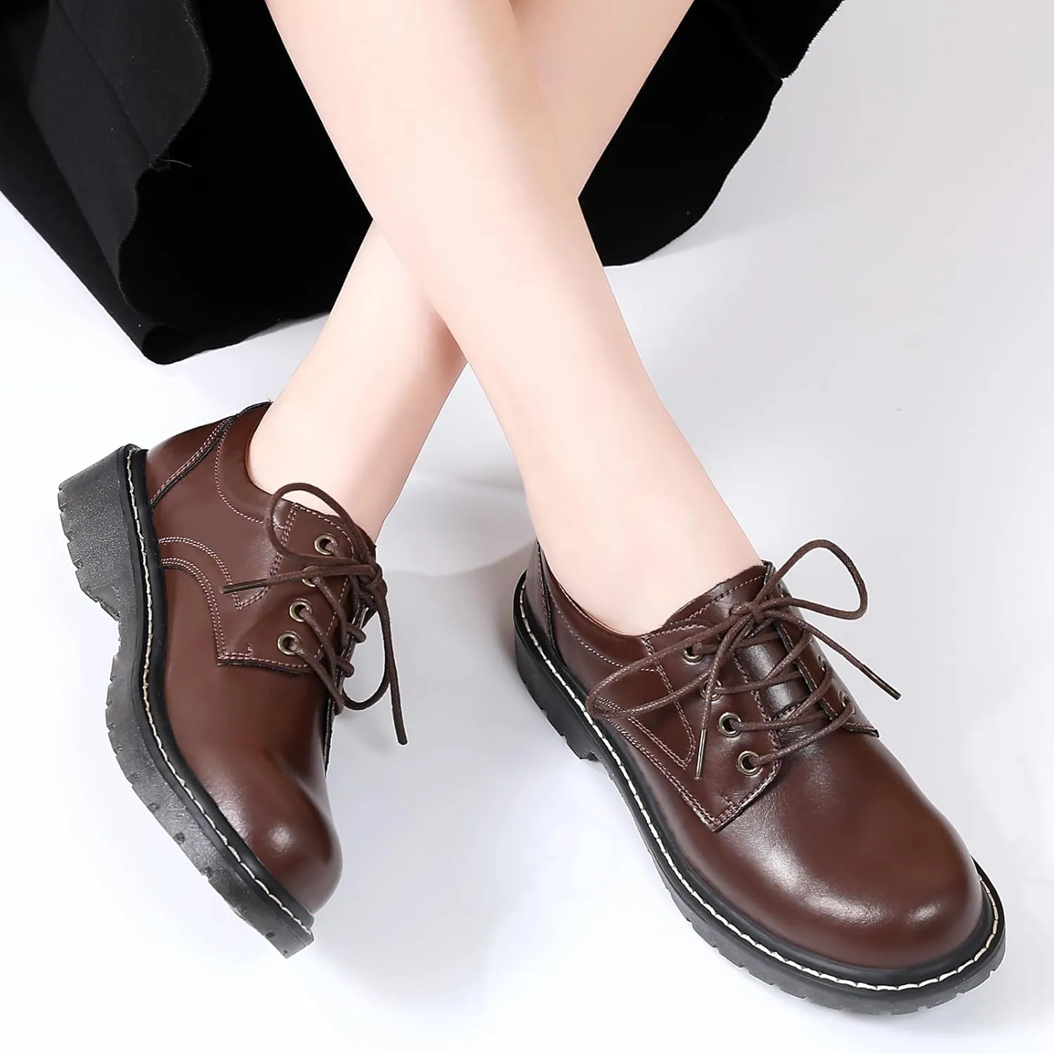 Black Oxford Shoes for Women Women's Oxfords Leather Flats Lace-Up Loafers Business Casual Work Office Uniform Dressy Server Shoes for Ladies Womens
