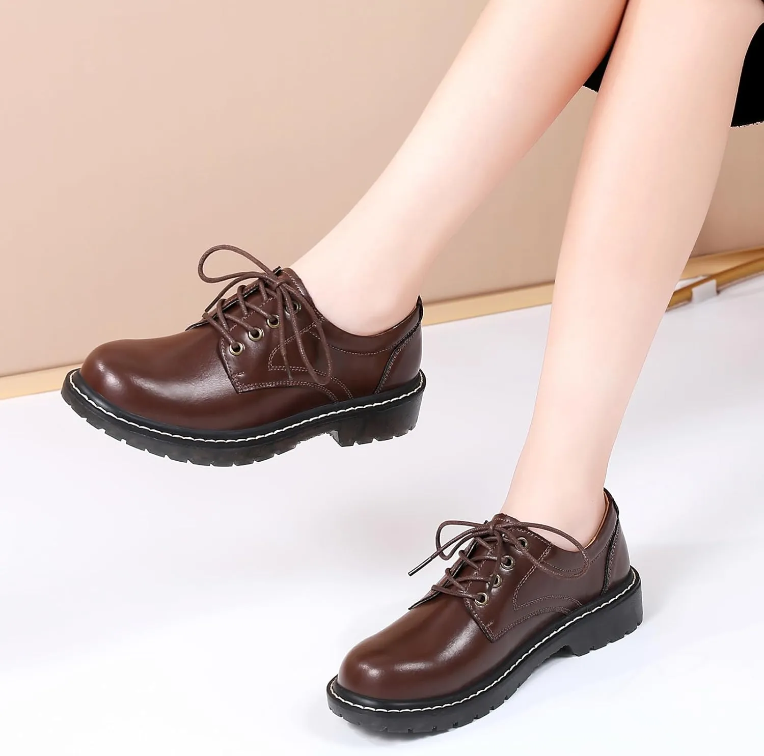 Black Oxford Shoes for Women Women's Oxfords Leather Flats Lace-Up Loafers Business Casual Work Office Uniform Dressy Server Shoes for Ladies Womens