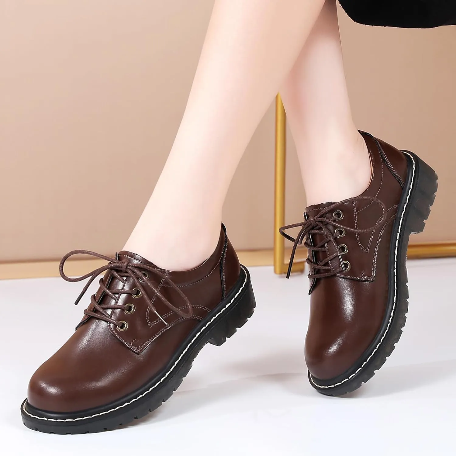 Black Oxford Shoes for Women Women's Oxfords Leather Flats Lace-Up Loafers Business Casual Work Office Uniform Dressy Server Shoes for Ladies Womens