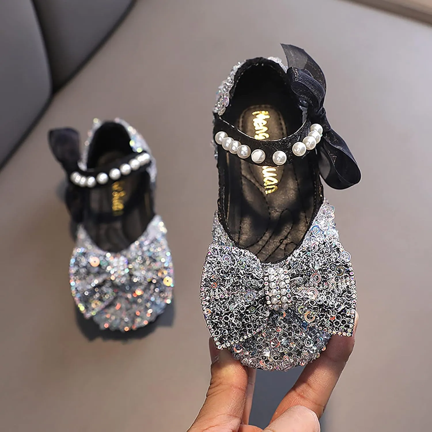 Black Shoes for Girls,Girls Baby Infant Crystal Princess Shoes Bling Pearl Sandals Shoes Kids Dancing Shoes