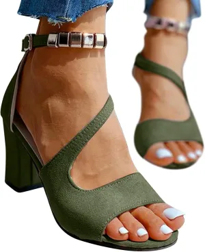 Black Womens Sandals Heel, Women's Buckle Strap Block Heel Sandals Beaded Fish Mouth High Heels Summer Casual Ankle Strap Sandals Bohemian Dressy