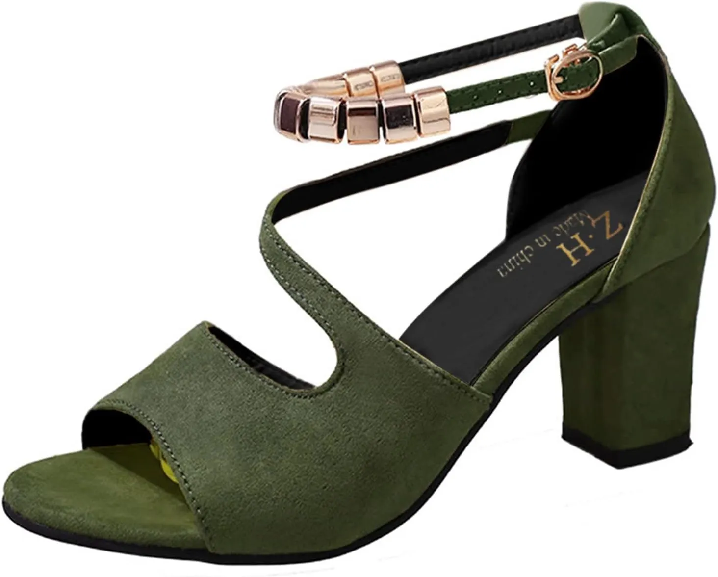 Black Womens Sandals Heel, Women's Buckle Strap Block Heel Sandals Beaded Fish Mouth High Heels Summer Casual Ankle Strap Sandals Bohemian Dressy