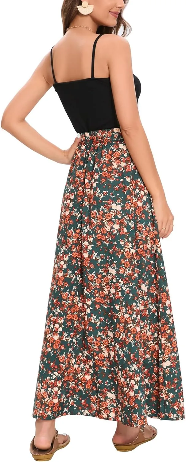 Bluetime Women Flowy Long Skirts Summer Beach Pleated Elastic High Waisted Casual Maxi Skirts