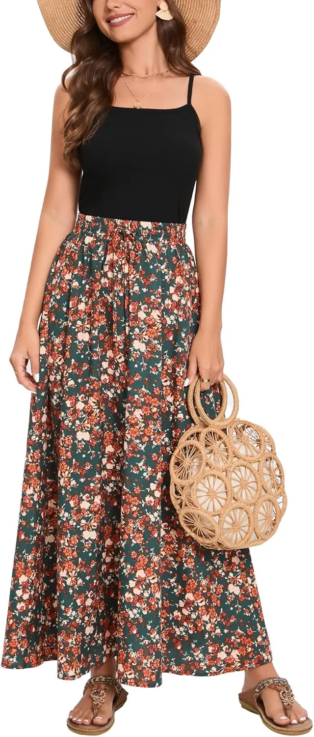 Bluetime Women Flowy Long Skirts Summer Beach Pleated Elastic High Waisted Casual Maxi Skirts
