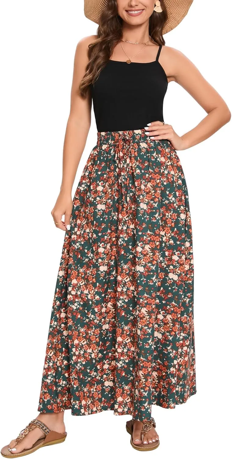 Bluetime Women Flowy Long Skirts Summer Beach Pleated Elastic High Waisted Casual Maxi Skirts