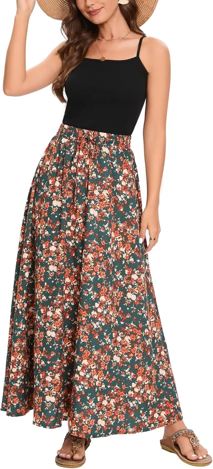 Bluetime Women Flowy Long Skirts Summer Beach Pleated Elastic High Waisted Casual Maxi Skirts