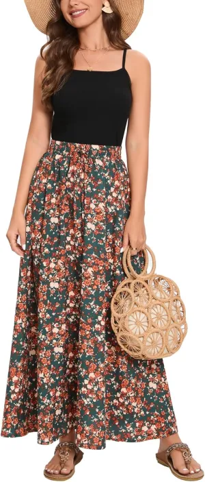 Bluetime Women Flowy Long Skirts Summer Beach Pleated Elastic High Waisted Casual Maxi Skirts