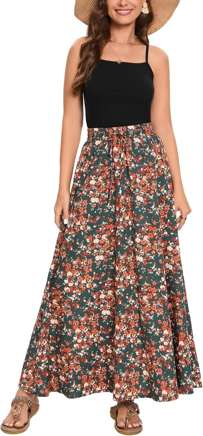 Bluetime Women Flowy Long Skirts Summer Beach Pleated Elastic High Waisted Casual Maxi Skirts