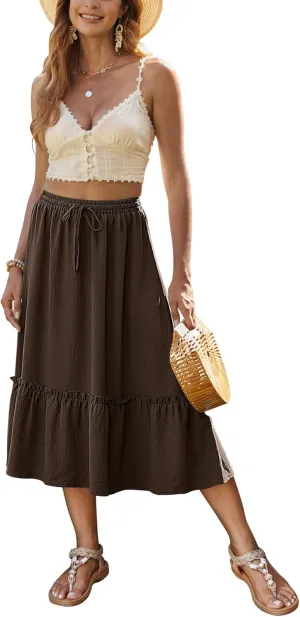 Bluetime Women Flowy Midi Skirt Summer Beach Pleated Elastic High Waisted A Line Tiered Skirt