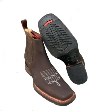 Bonus Men Genuine cowhide square toe rubber sole short ankle boots brown handcarfted