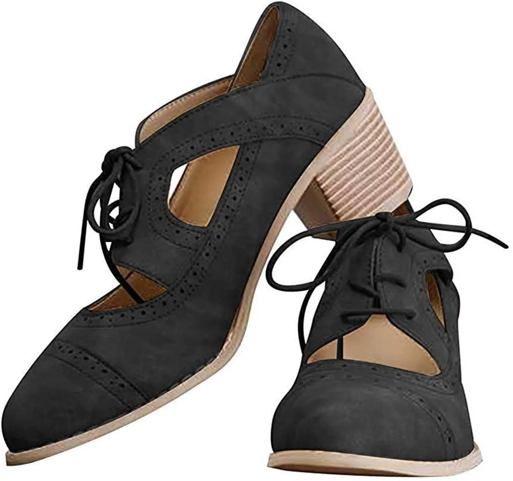 BORAMAX Women's Breathable Sandals Oxford chunky Heels Leather Saddle Dress Shoes Lace up Vintage Wingtip Ankle Bootsc