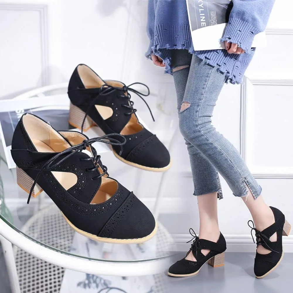 BORAMAX Women's Breathable Sandals Oxford chunky Heels Leather Saddle Dress Shoes Lace up Vintage Wingtip Ankle Bootsc