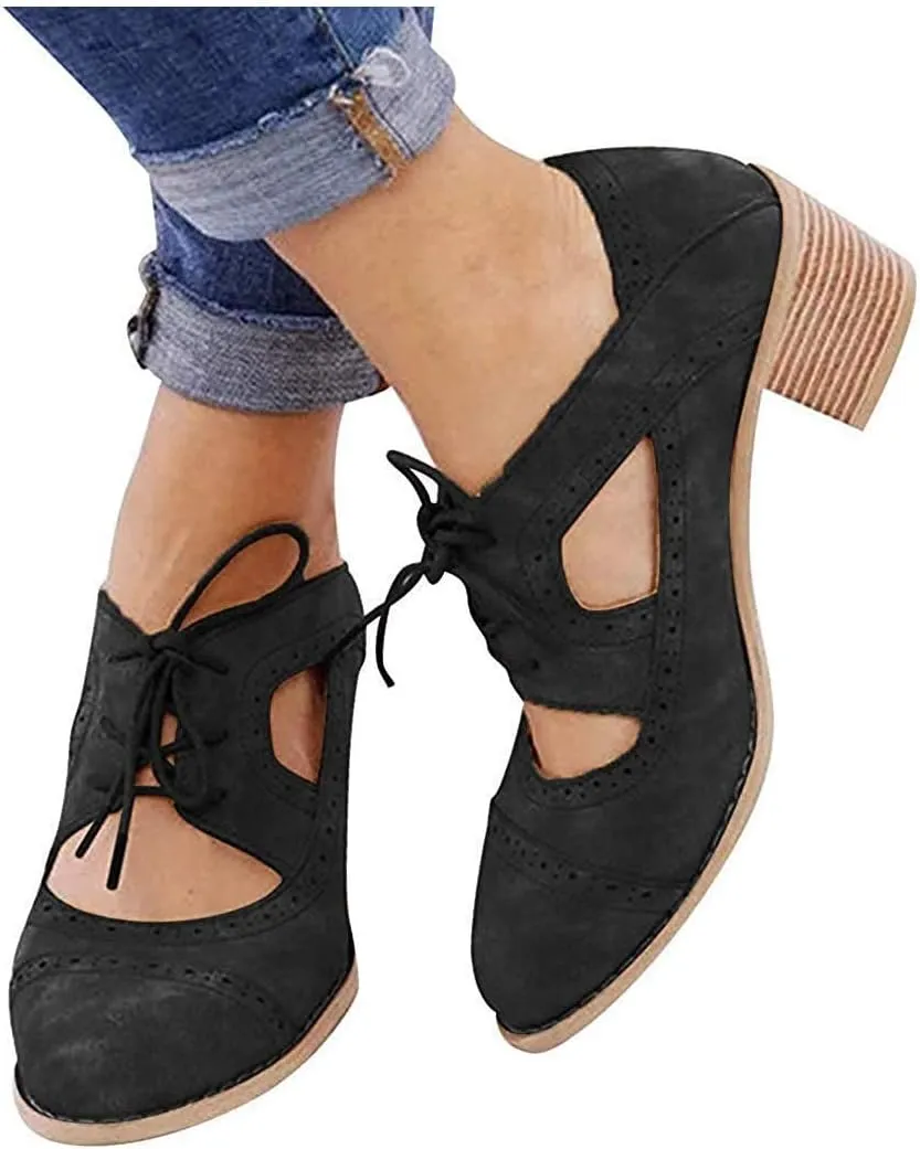 BORAMAX Women's Breathable Sandals Oxford chunky Heels Leather Saddle Dress Shoes Lace up Vintage Wingtip Ankle Bootsc