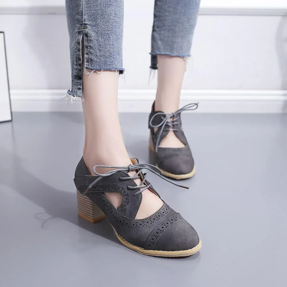 BORAMAX Women's Breathable Sandals Oxford chunky Heels Leather Saddle Dress Shoes Lace up Vintage Wingtip Ankle Bootsc