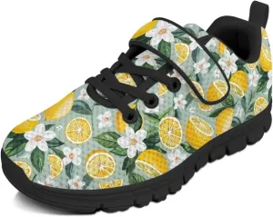 Boys Girls Shoes Kids Sneakers Athletic Running School Shoes for Little Kid/Big Kid Lemon Floral Pattern（Black Sole）