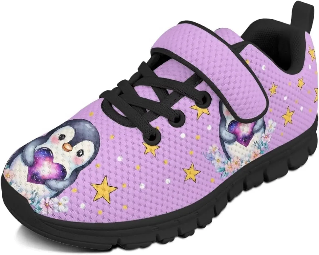 Boys Girls Sneakers Kids Lightweight Breathable Strap Athletic Running Shoes for Little Kid/Big Kid Penguin Star Floral Pattern（Black Sole）
