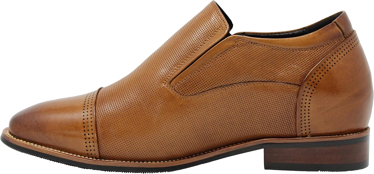 CALTO Men's Invisible Height Increasing Elevator Shoes - Brown Premium Leather Slip-on Formal Loafers - 3 Inches Taller - Y10658 - Size 6.5 D(M) US