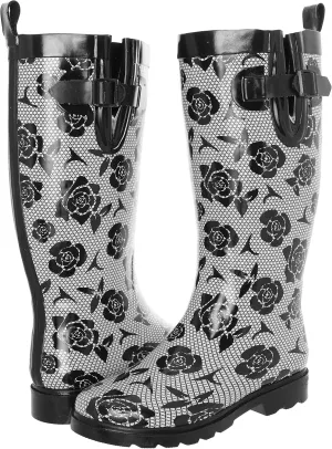 Capelli New York Ladies Shiny Tall Rubber Cozy Lined Rain Boots Lace and Rose Print Black Combo Size 6