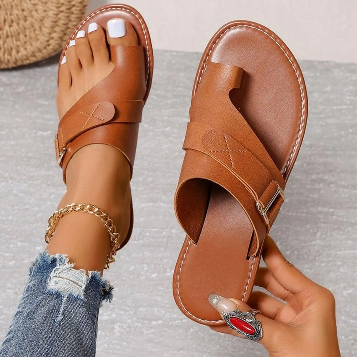 Cathalem Toe Ring Sandals for Women 2024 New Lightweight Orthopedic SandalsRing Loop Strap Flip Flops Flat Leather Sandals