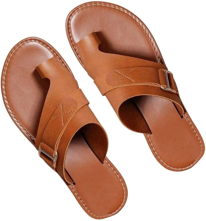 Cathalem Toe Ring Sandals for Women 2024 New Lightweight Orthopedic SandalsRing Loop Strap Flip Flops Flat Leather Sandals