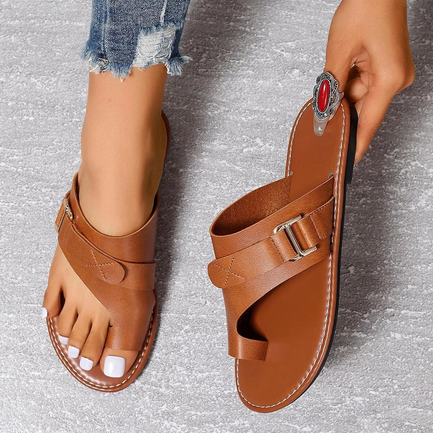 Cathalem Toe Ring Sandals for Women 2024 New Lightweight Orthopedic SandalsRing Loop Strap Flip Flops Flat Leather Sandals