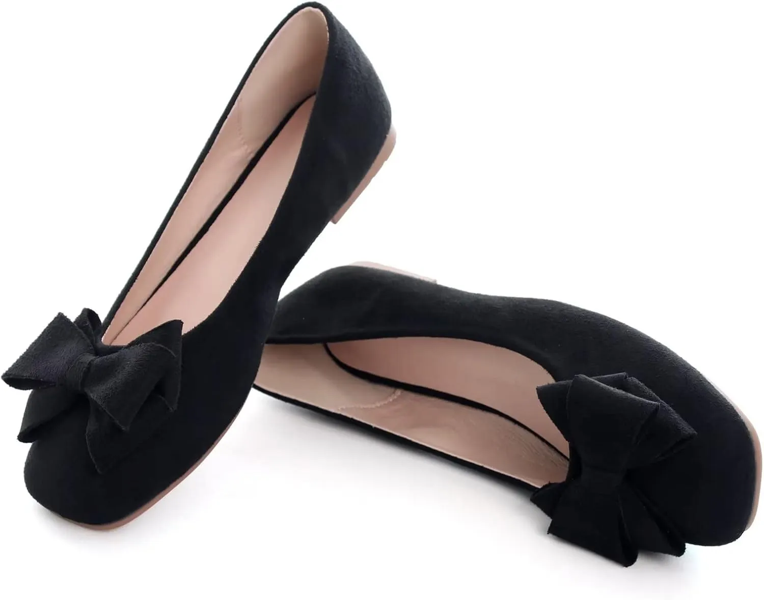 ChaiRong Zhou Women's Bow Flats Square Toe Suede Ballerina Shoes Solid Color Soft Slip-ons