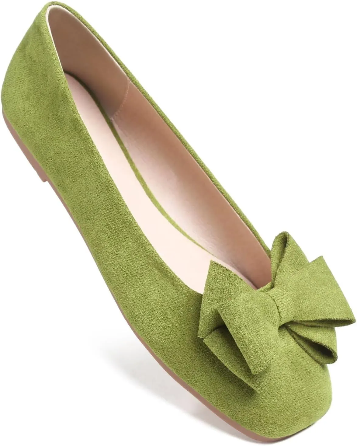 ChaiRong Zhou Women's Bow Flats Square Toe Suede Ballerina Shoes Solid Color Soft Slip-ons