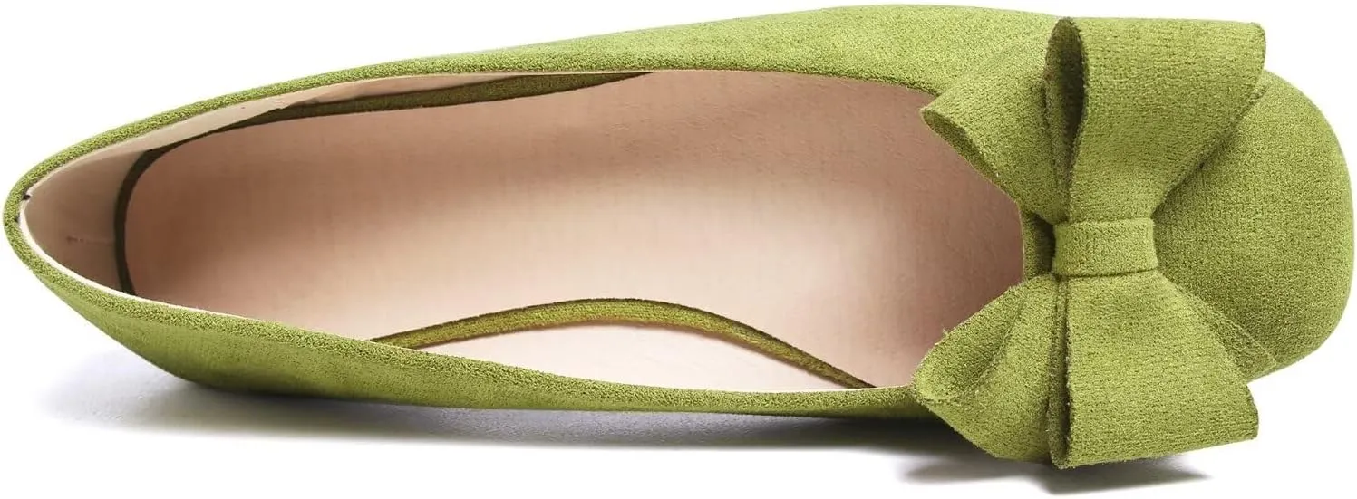 ChaiRong Zhou Women's Bow Flats Square Toe Suede Ballerina Shoes Solid Color Soft Slip-ons