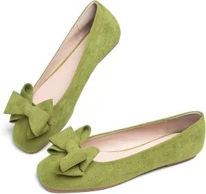 ChaiRong Zhou Women's Bow Flats Square Toe Suede Ballerina Shoes Solid Color Soft Slip-ons