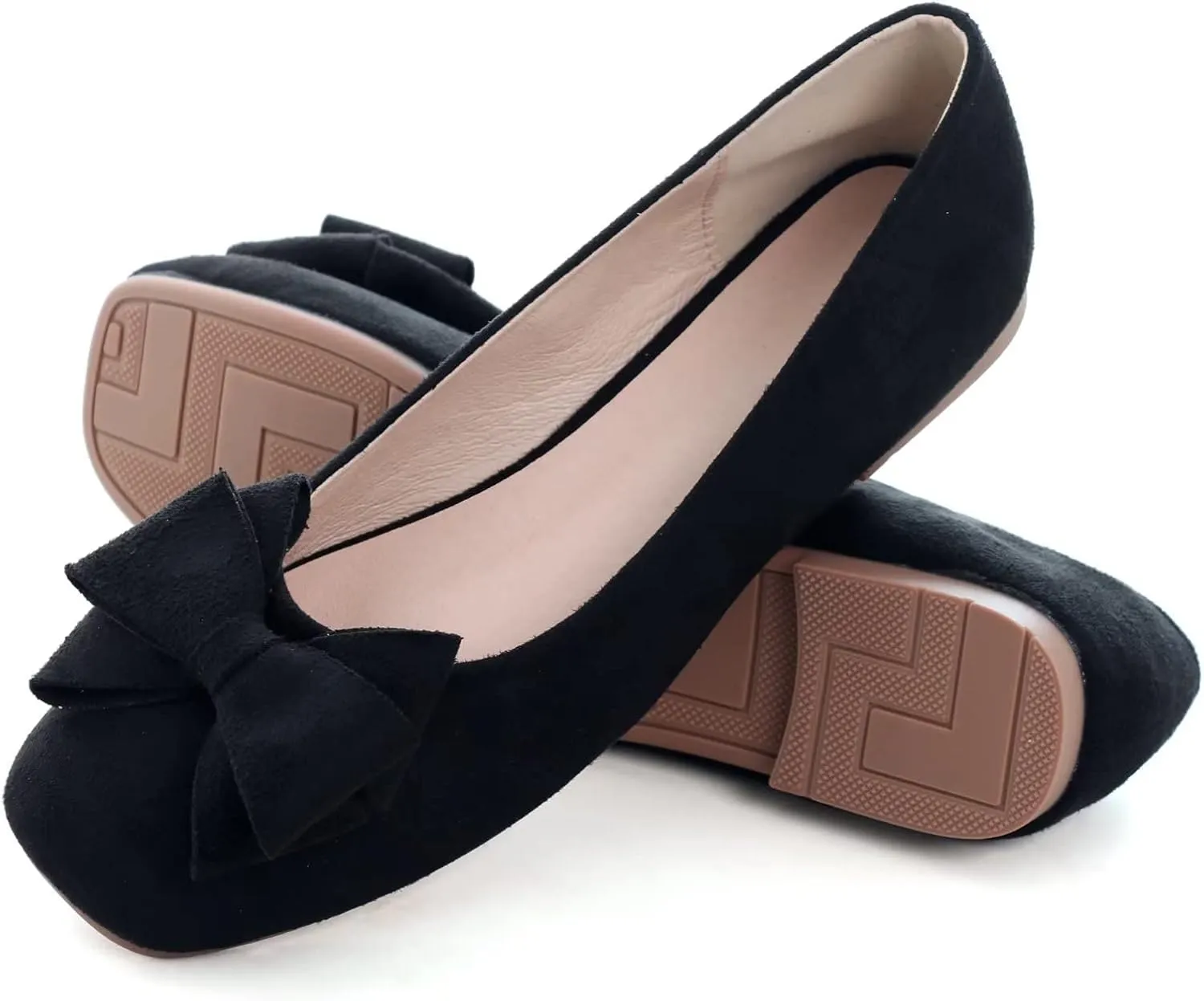 ChaiRong Zhou Women's Bow Flats Square Toe Suede Ballerina Shoes Solid Color Soft Slip-ons