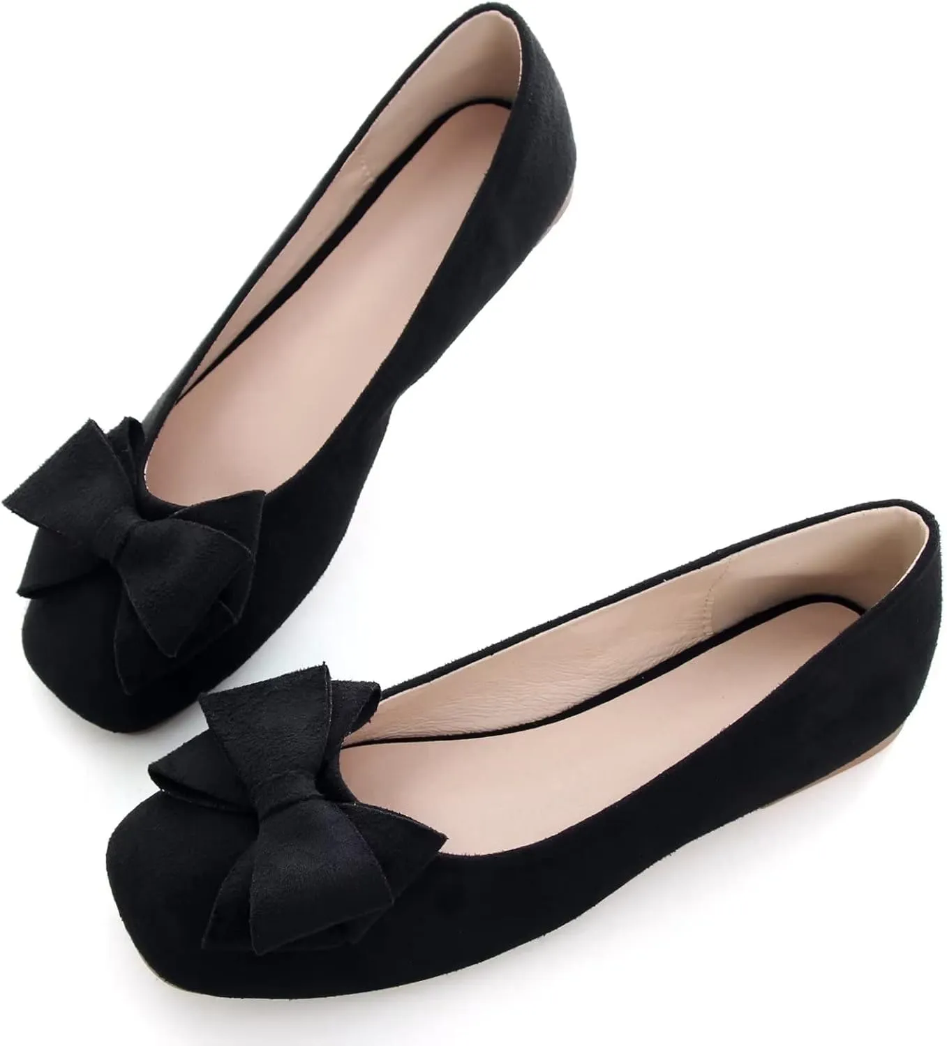 ChaiRong Zhou Women's Bow Flats Square Toe Suede Ballerina Shoes Solid Color Soft Slip-ons