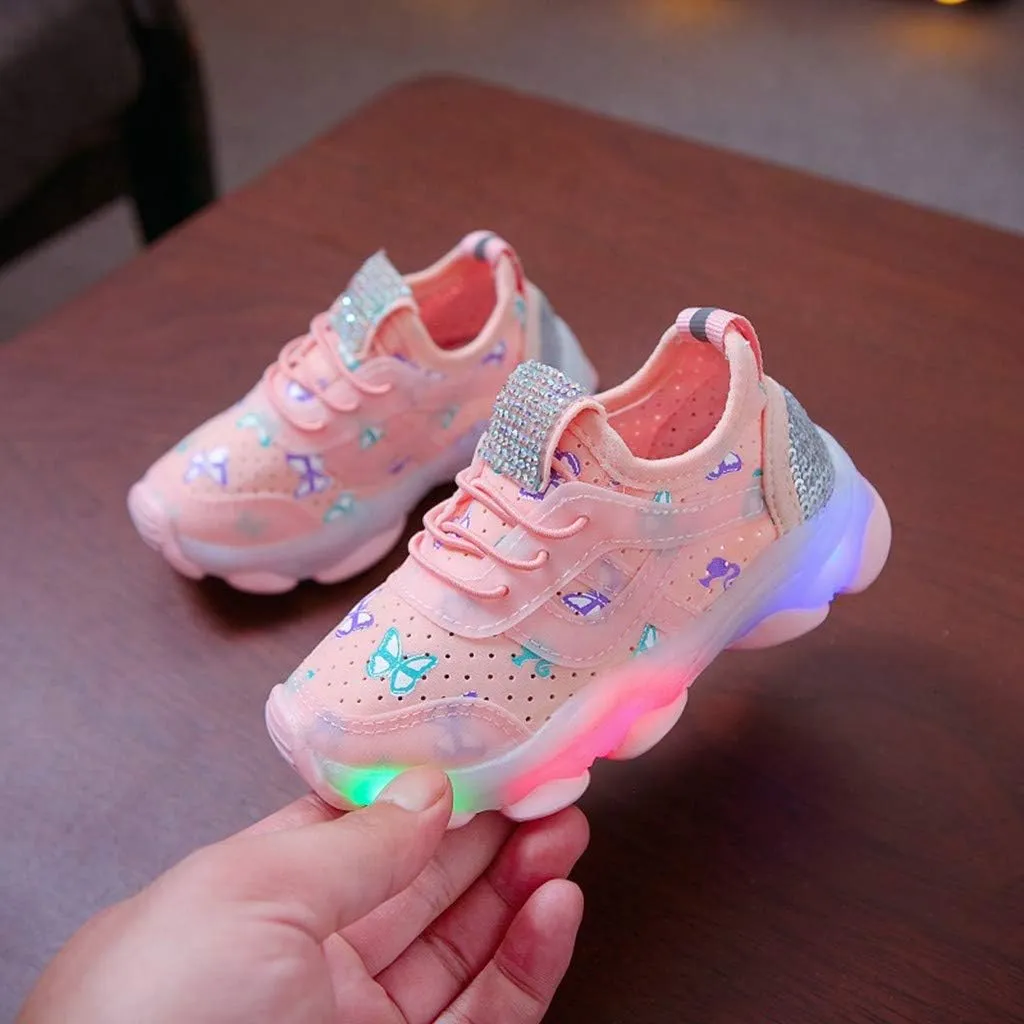 Children Kid Baby Girls Butterfly Crystal Luminous Sport Run Shoes Led Light Luminous Outdoor Sport Shoes