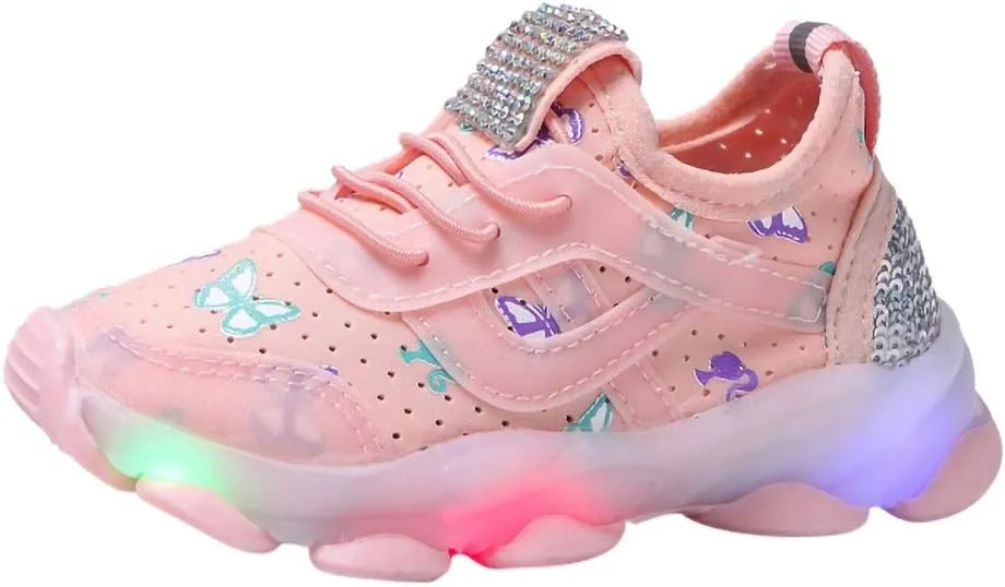 Children Kid Baby Girls Butterfly Crystal Luminous Sport Run Shoes Led Light Luminous Outdoor Sport Shoes