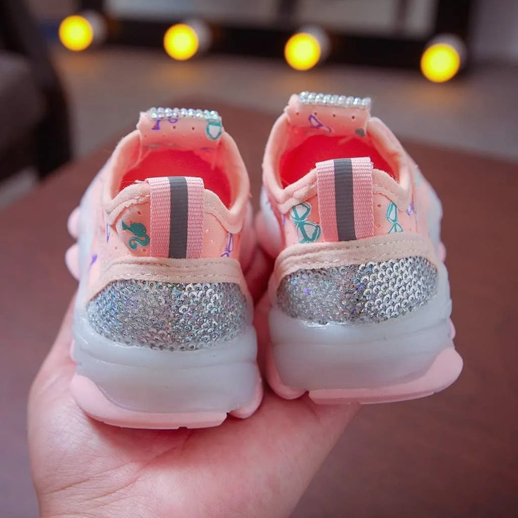 Children Kid Baby Girls Butterfly Crystal Luminous Sport Run Shoes Led Light Luminous Outdoor Sport Shoes