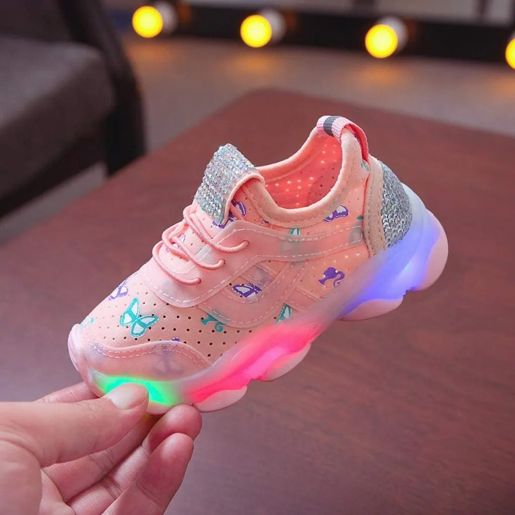 Children Kid Baby Girls Butterfly Crystal Luminous Sport Run Shoes Led Light Luminous Outdoor Sport Shoes