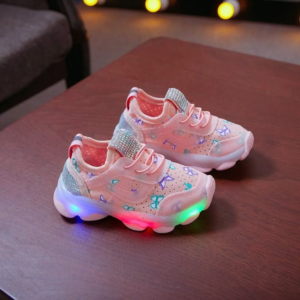 Children Kid Baby Girls Butterfly Crystal Luminous Sport Run Shoes Led Light Luminous Outdoor Sport Shoes
