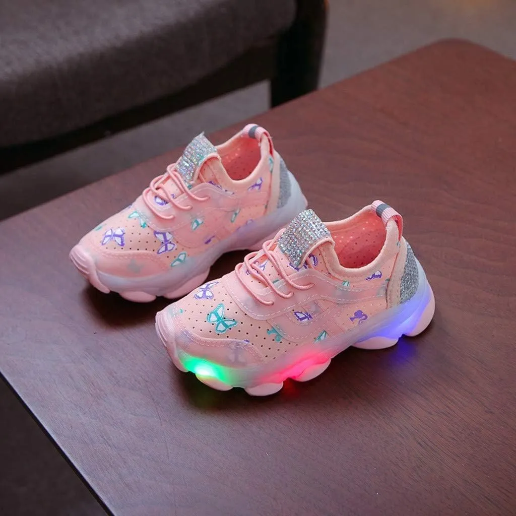 Children Kid Baby Girls Butterfly Crystal Luminous Sport Run Shoes Led Light Luminous Outdoor Sport Shoes