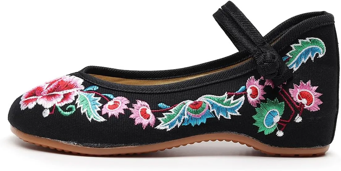 Chinese Embroidered Shoes for Women Round Toe Mary Jane Shoes Handmade Floral Slip On Loafers Comfort Walking Flats