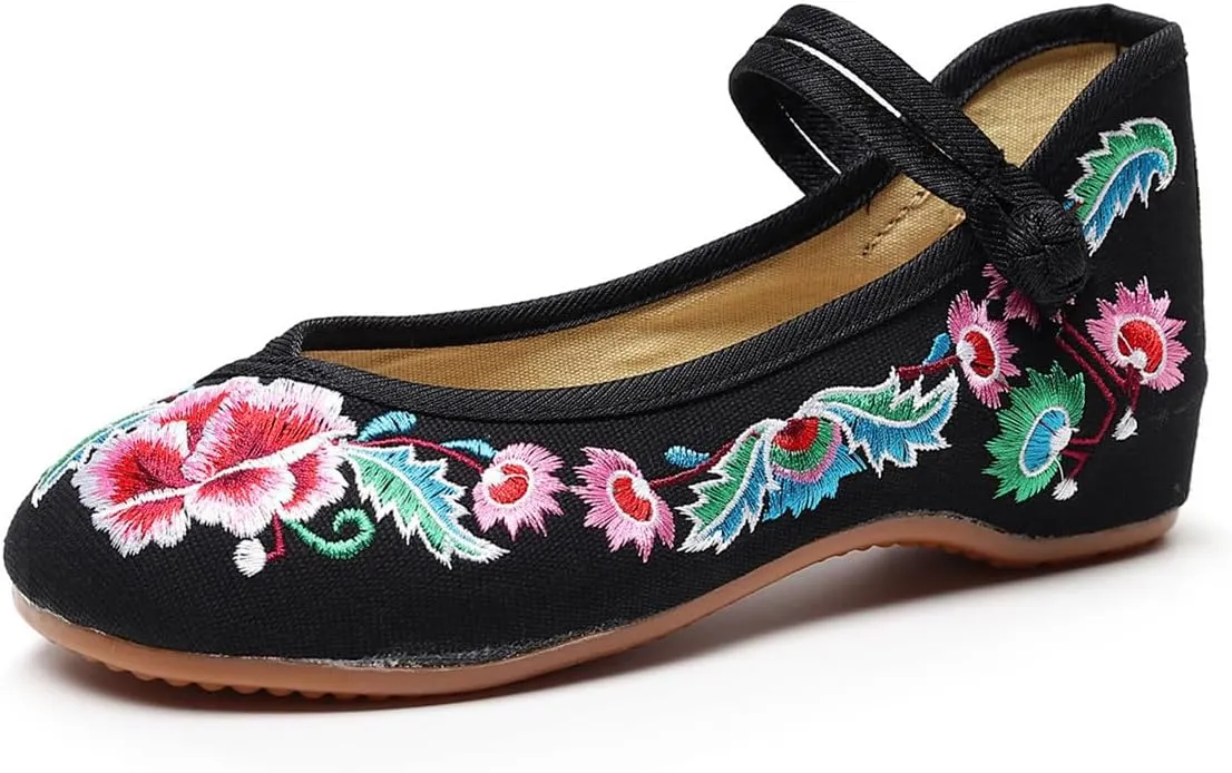Chinese Embroidered Shoes for Women Round Toe Mary Jane Shoes Handmade Floral Slip On Loafers Comfort Walking Flats