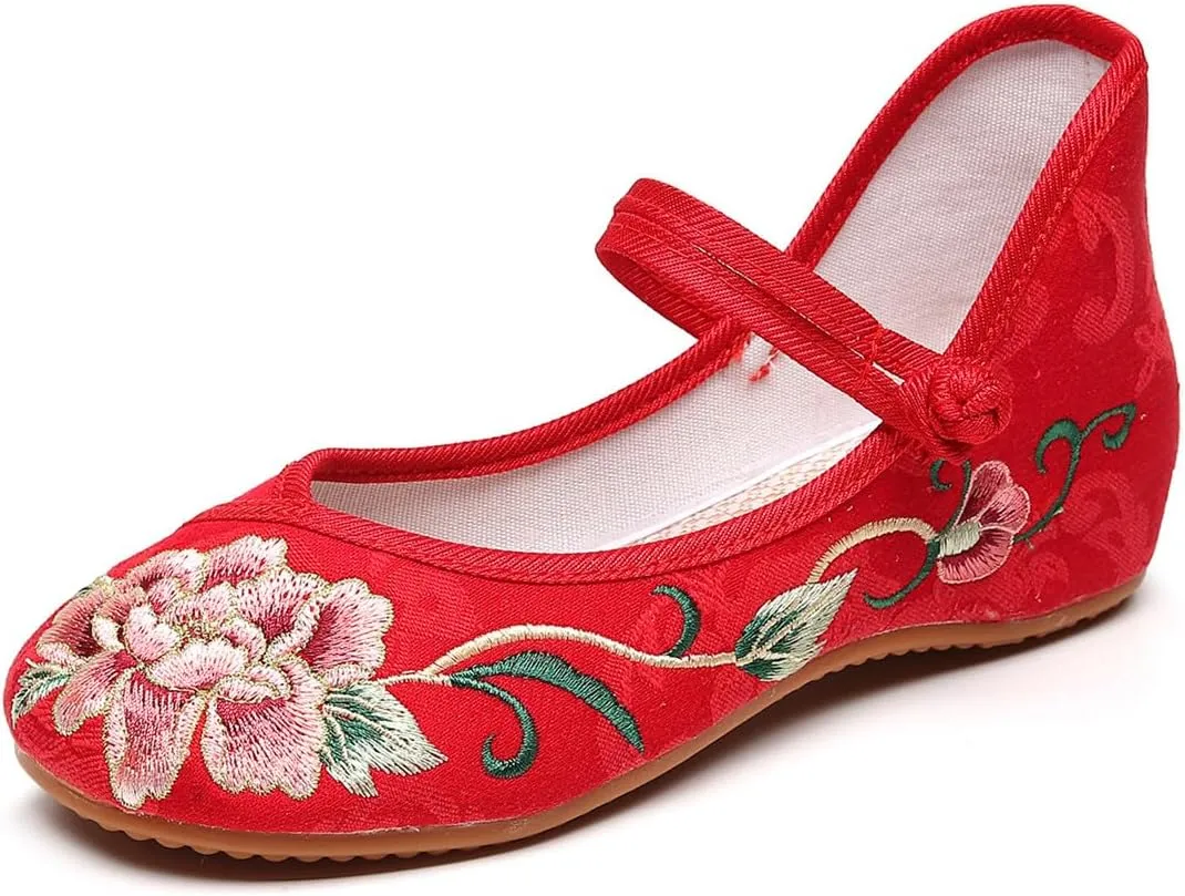 Chinese Embroidered Shoes for Women Round Toe Mary Jane Shoes Handmade Floral Slip On Loafers Comfort Walking Flats
