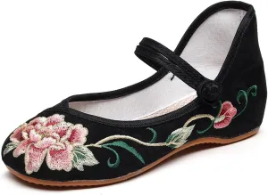 Chinese Embroidered Shoes for Women Round Toe Mary Jane Shoes Handmade Floral Slip On Loafers Comfort Walking Flats