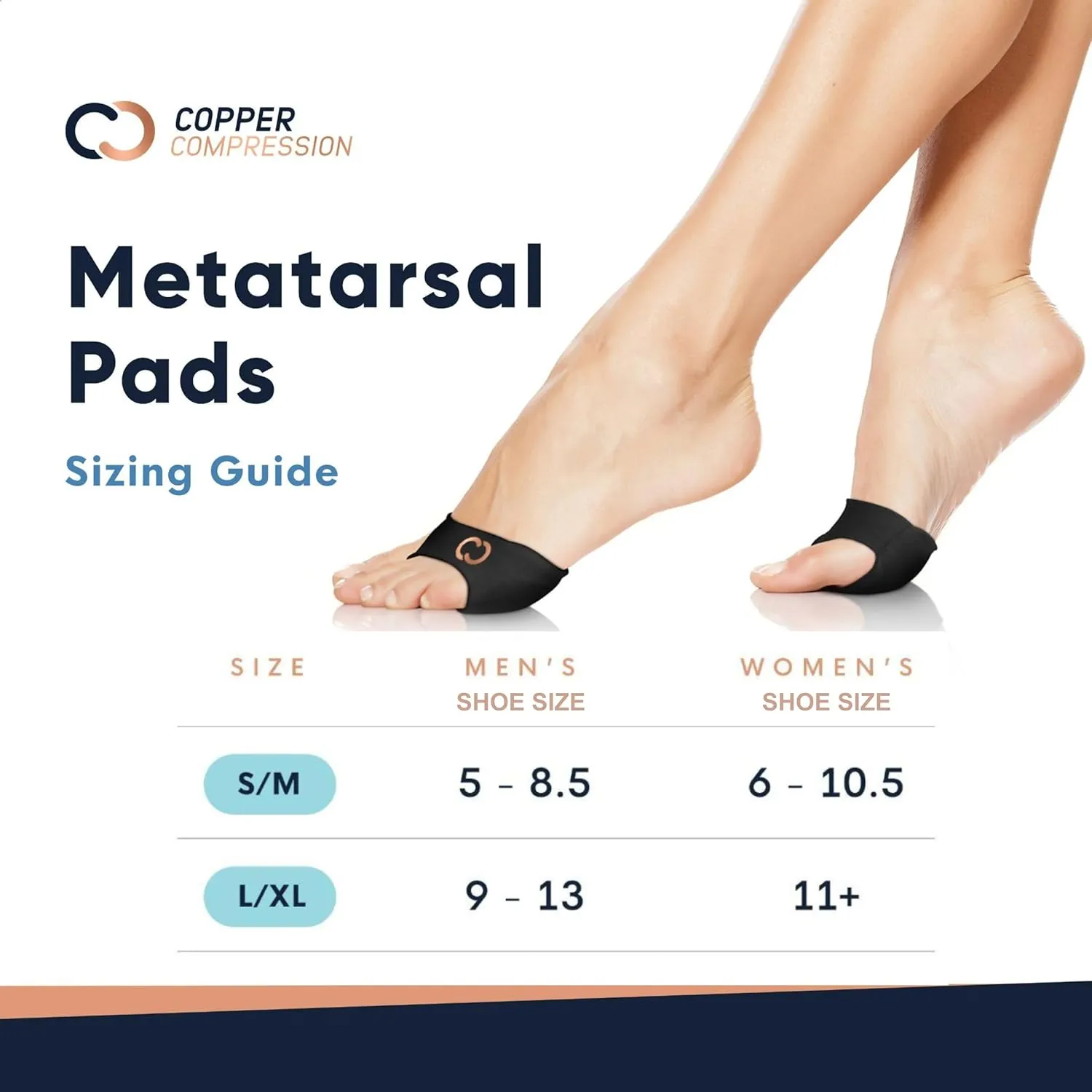 Copper Compression Metatarsal Pads for Women & Men - Orthopedic Ball of Foot Pain Relief Braces - Gel Cushions for Calluses, Bunions, Corns, Morton Neuromas - Fits Heels, Dress Shoes - L/XL