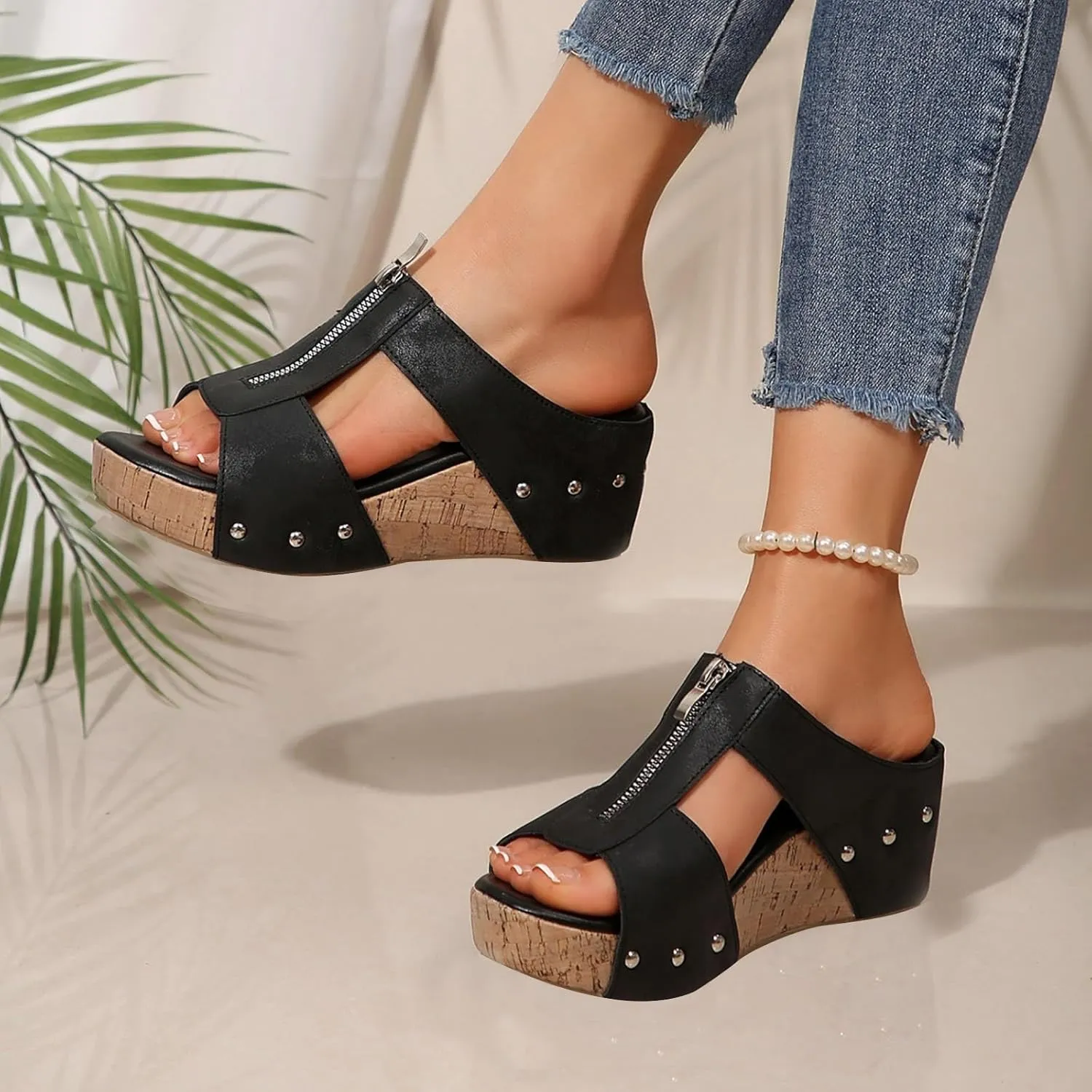 Cork Wedges for Women Front Zipper Orthopedic Sandals with Arch Support Open Toe Slip On Beach Slides Leather Dressy Summer Slipper