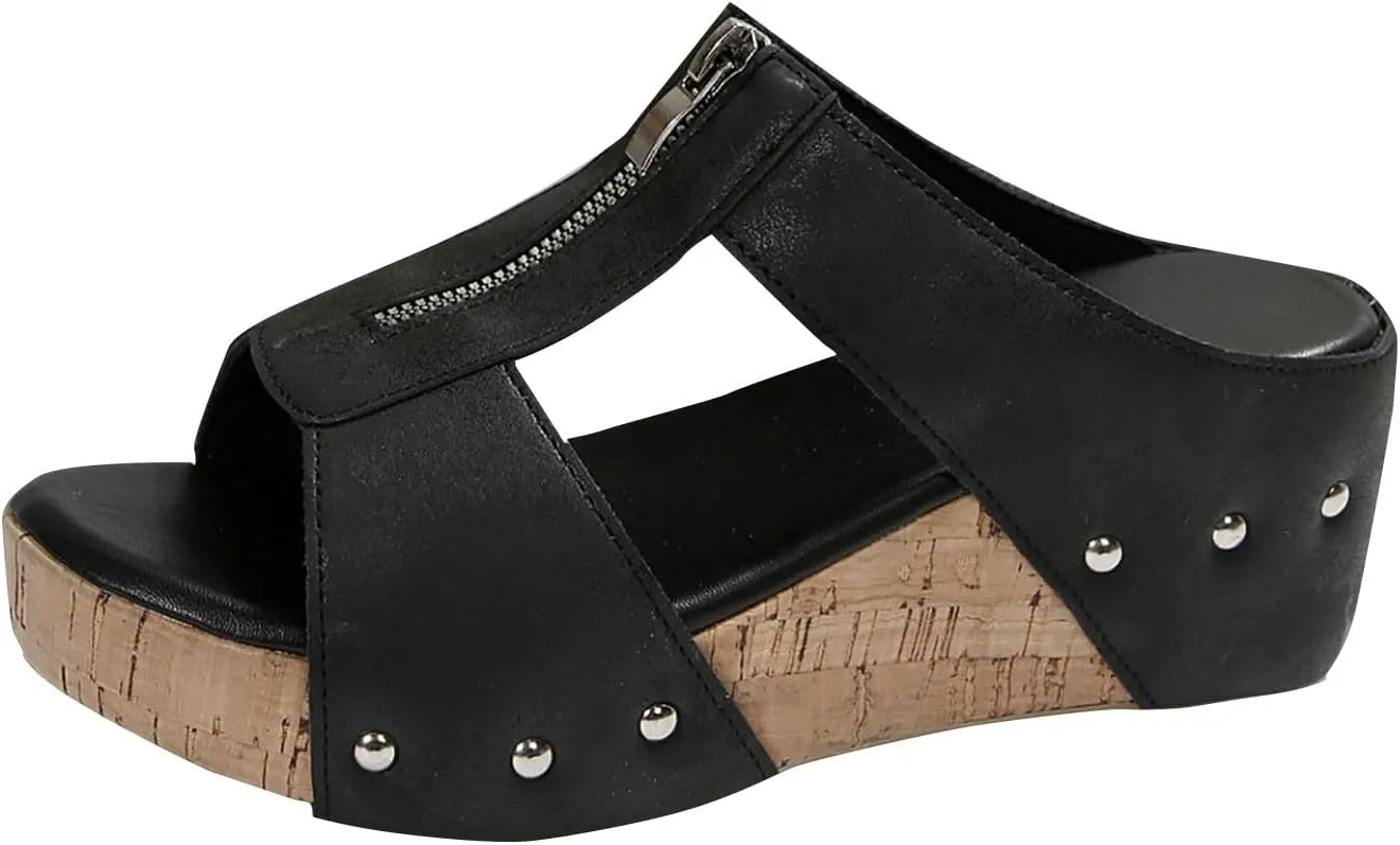 Cork Wedges for Women Front Zipper Orthopedic Sandals with Arch Support Open Toe Slip On Beach Slides Leather Dressy Summer Slipper
