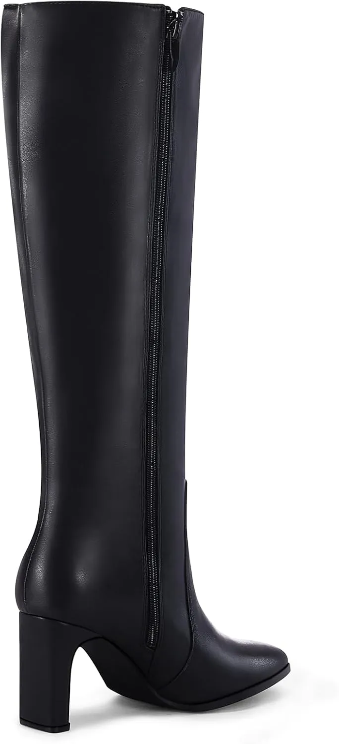 Coutgo Womens Square Toe Knee High Boots Leather Chunky Heel Fashion Dressy Winter Shoes with Side Zipper
