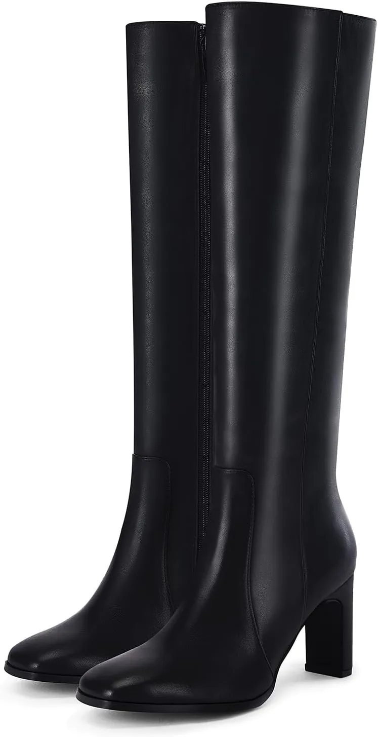 Coutgo Womens Square Toe Knee High Boots Leather Chunky Heel Fashion Dressy Winter Shoes with Side Zipper