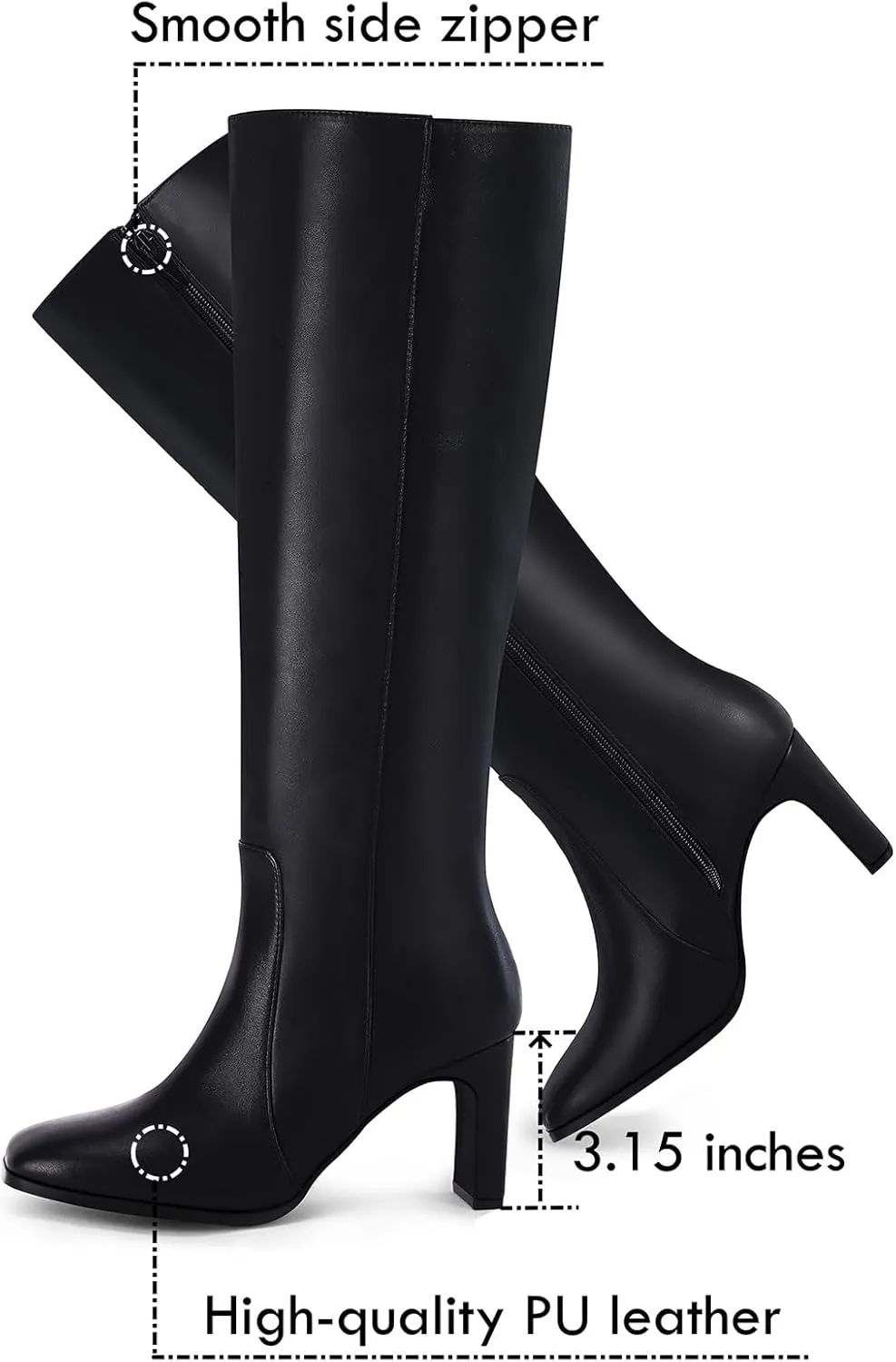 Coutgo Womens Square Toe Knee High Boots Leather Chunky Heel Fashion Dressy Winter Shoes with Side Zipper